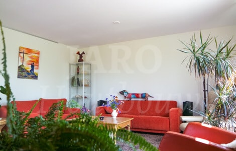 Sfeervolle woonkamer met rode banken in houten woning