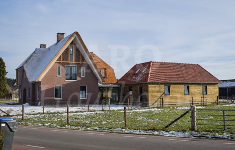 Rietgedekte woning met stenen muur welke is gekeimd