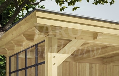 Detailfoto zinken kraaldeel bij eiken overkapping met plat dak